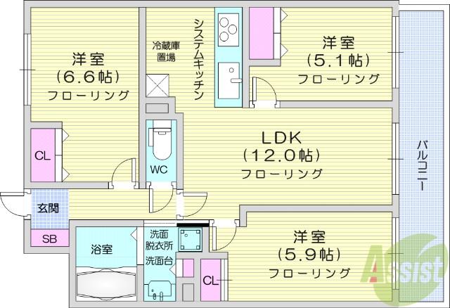 プライムアーバン仙台五橋(3LDK/11階)の間取り写真
