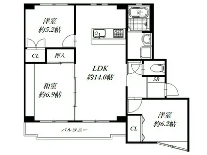南海高師浜線 伽羅橋駅 徒歩8分 3階建 築31年(3LDK/2階)の間取り写真