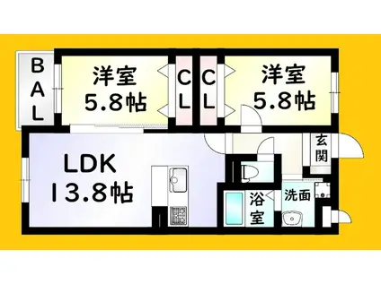 KIRA HIAGARI(2LDK/2階)の間取り写真