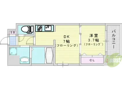 プライマル南森町パークビュー(1DK/4階)の間取り写真