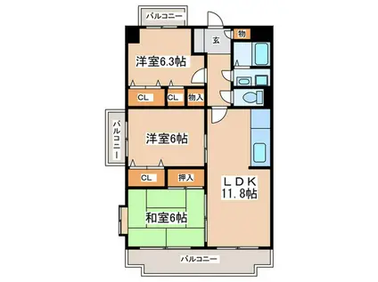 シャルマン塔原(3LDK/2階)の間取り写真