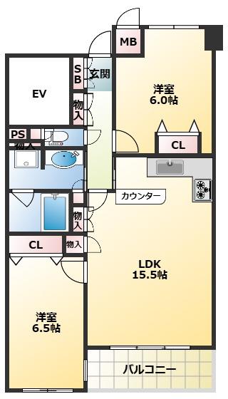 甲子園四番町パークハウス(2LDK/1階)の間取り写真