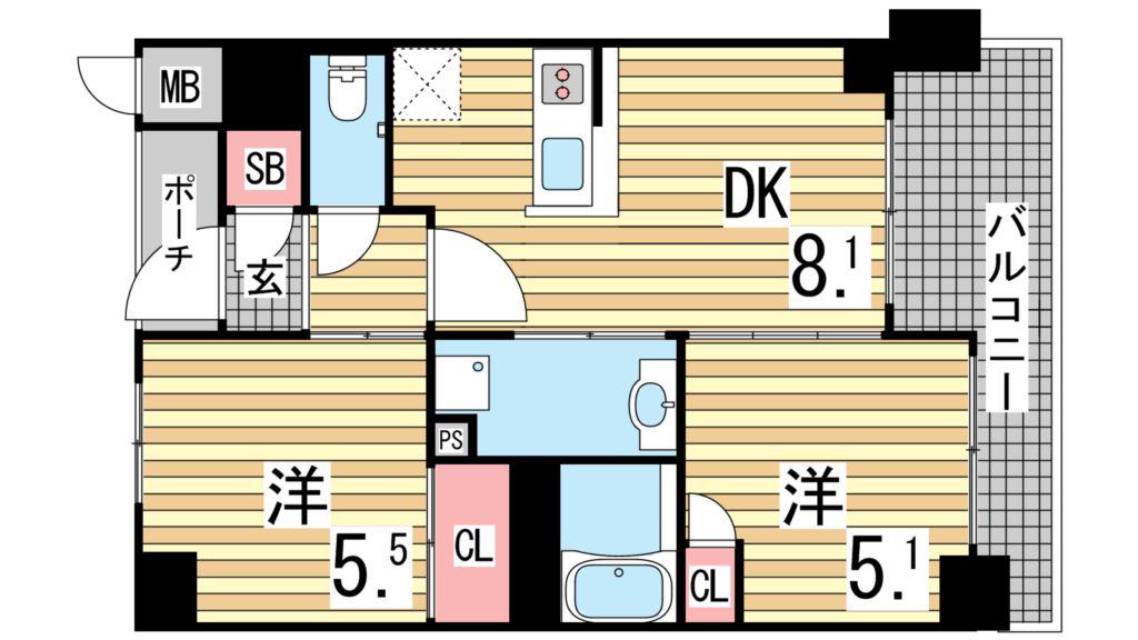 エステムプラザ神戸西IVインフィニティ(2LDK/5階)の間取り写真