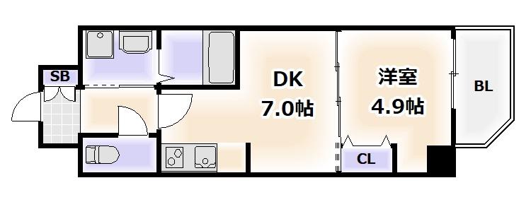 ベラジオ阿倍野(1DK/7階)の間取り写真