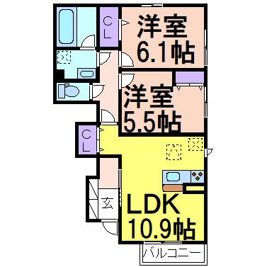 ヴィラレガーロ A(2LDK/1階)の間取り写真