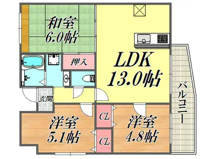 エンゼルハイツ東塚口(3LDK/5階)の間取り写真