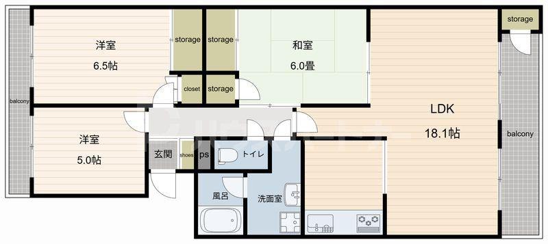 サンセレクト東薬円台(3LDK/5階)の間取り写真