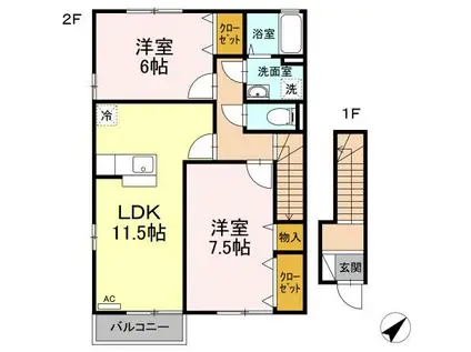 インペリアルA棟(2LDK/2階)の間取り写真