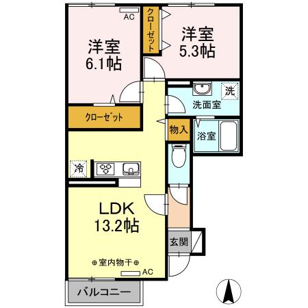 酒田市DROOM東泉町C101(2LDK/1階)の間取り写真