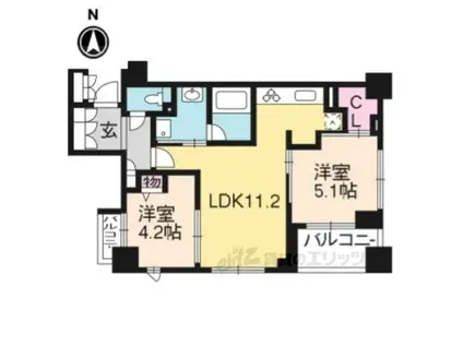リヴァーク四条烏丸(2LDK/2階)の間取り写真