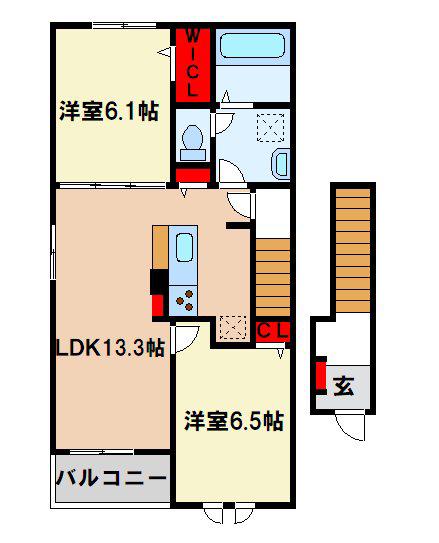 シャンベルジュ 依井III(2LDK/2階)の間取り写真