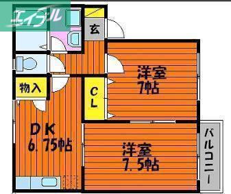 ヴィラソレイユ・陵南I A(2DK/2階)の間取り写真