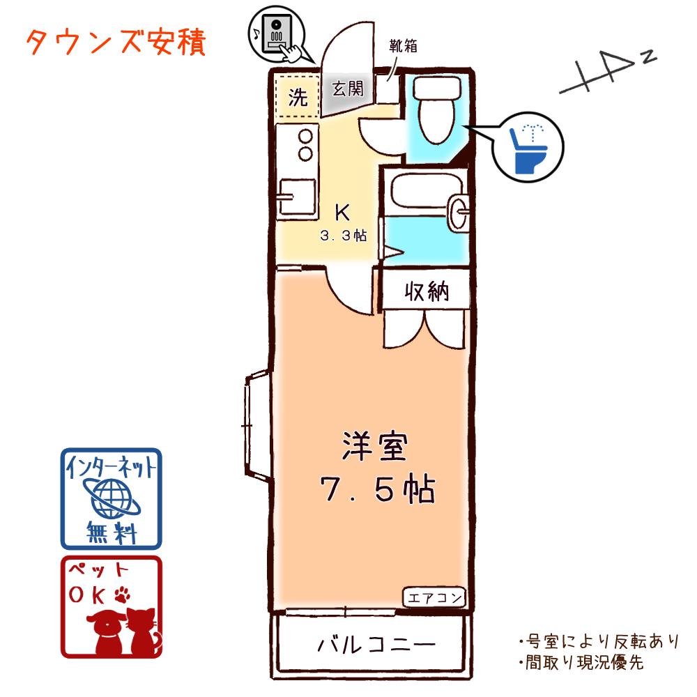 タウンズ安積(1K/2階)の間取り写真