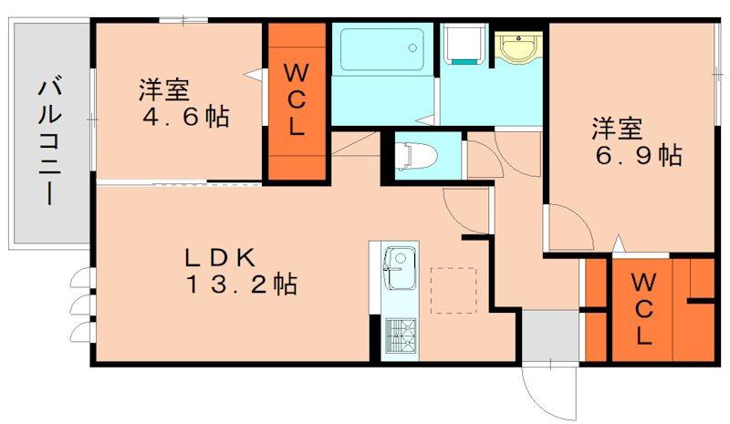 エスポワール別府(2LDK/3階)の間取り写真