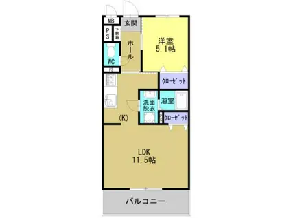 ガウディONE(1LDK/2階)の間取り写真