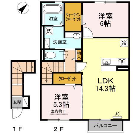 クレア・ド・ルーン(2LDK/2階)の間取り写真