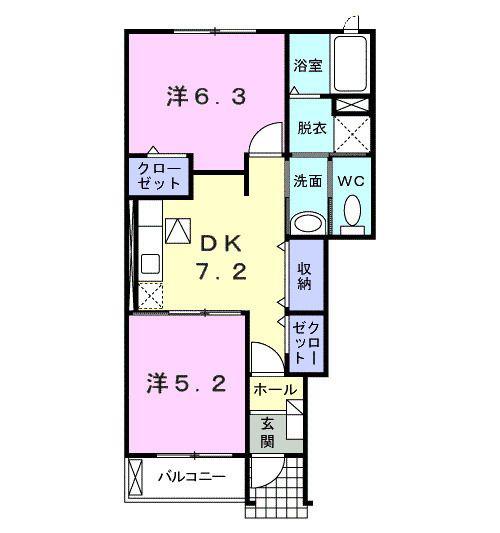 ユニゾン(2DK/1階)の間取り写真