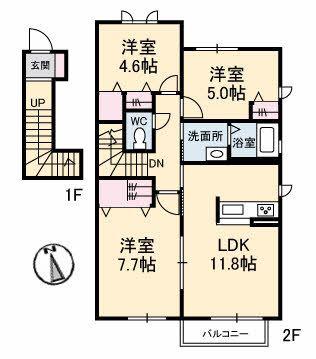 アネーロA棟(3LDK/2階)の間取り写真