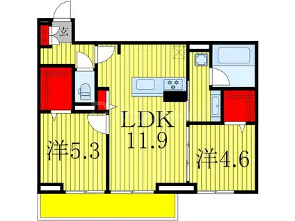 スリーレイヤー柏の葉(2LDK/1階)の間取り写真
