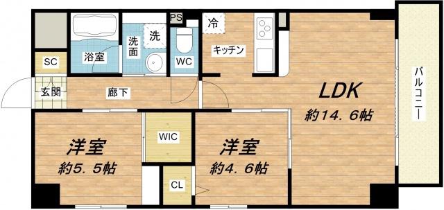 グランルージュ谷町六丁目(2LDK/10階)の間取り写真