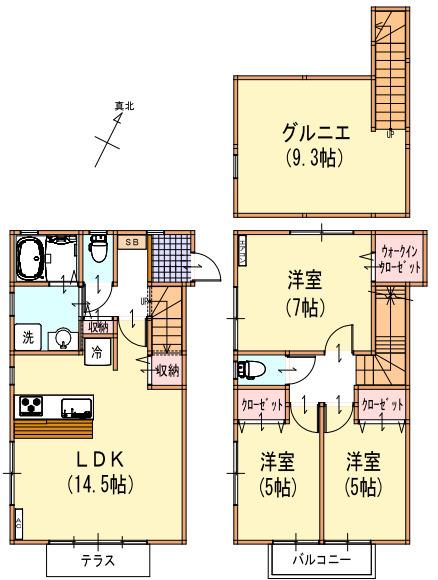 サンライズ山手(3LDK/1階)の間取り写真