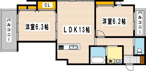 ハビテ下到津(2LDK/6階)の間取り写真