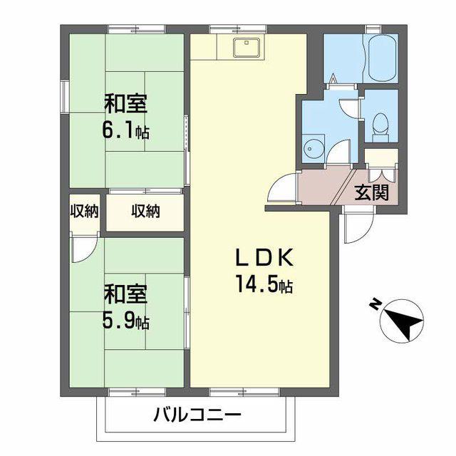 カルムS・J F棟(2LDK/2階)の間取り写真
