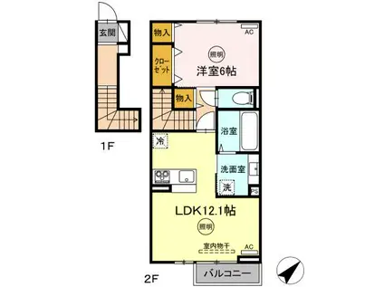 ユニヴェールII D棟(1LDK/2階)の間取り写真