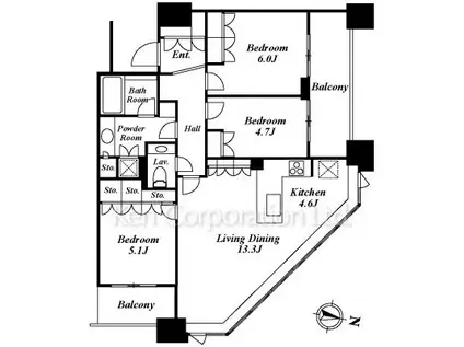 プラウドタワー千代田富士見(3LDK/30階)の間取り写真