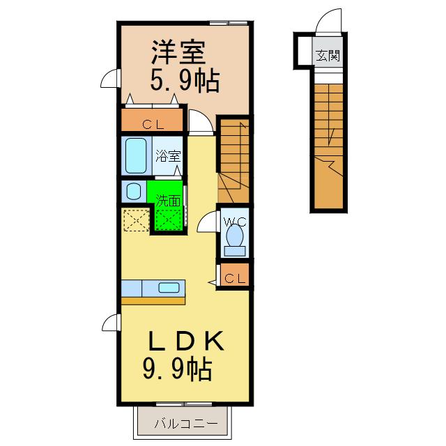 プリムヴェールA(1LDK/2階)の間取り写真