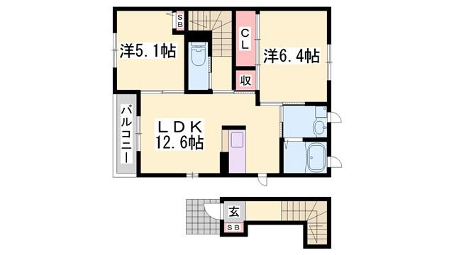 オアシスハイツA棟(1LDK/2階)の間取り写真