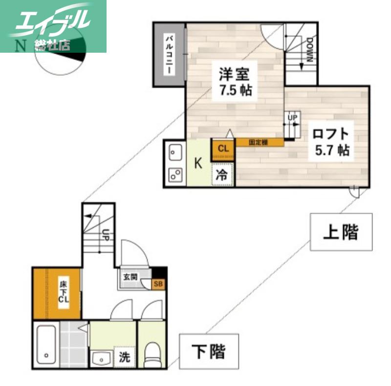 ADC倉敷YUNO(1K/2階)の間取り写真