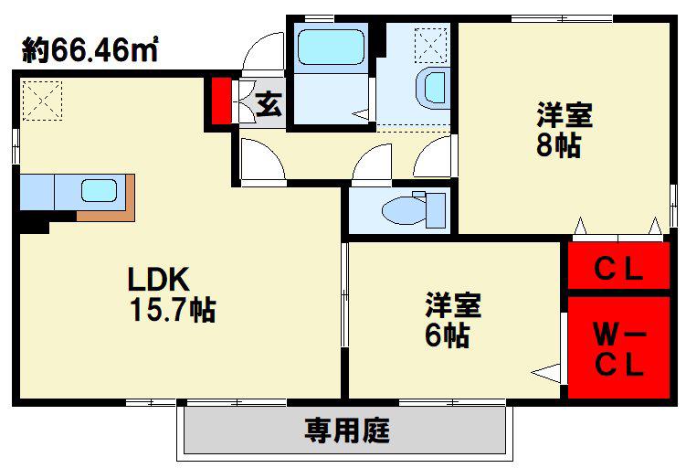 カサグランデB棟(2LDK/1階)の間取り写真