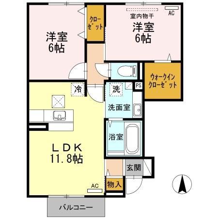 ヴィラージュ A棟(2LDK/1階)の間取り写真