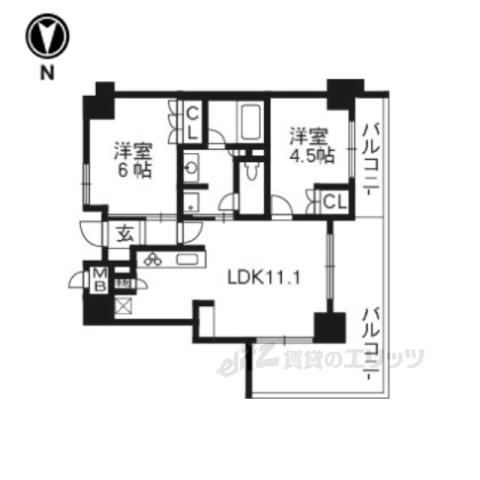 アベニール三条油小路(2LDK/4階)の間取り写真