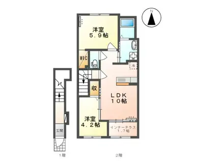 寒河江市内の袋アパート(2LDK/2階)の間取り写真