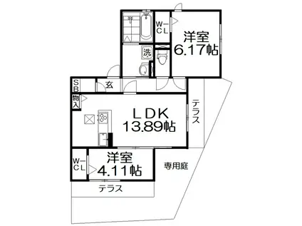 プレジール妙見口(2LDK/1階)の間取り写真