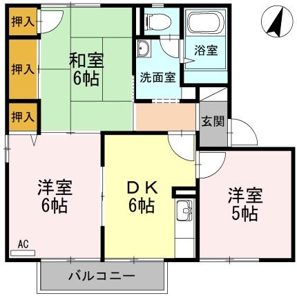フレグランス上ノ山 B棟(3DK/1階)の間取り写真