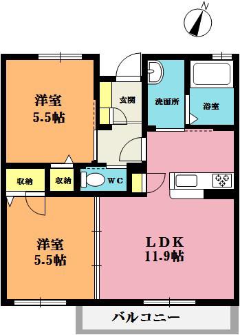 シャンブル ドゥ シャーム A(2LDK/2階)の間取り写真