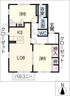 サンパーク西入B棟(2LDK/2階)の間取り写真