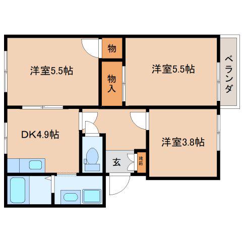 ボナール高塚台D棟(3DK/1階)の間取り写真