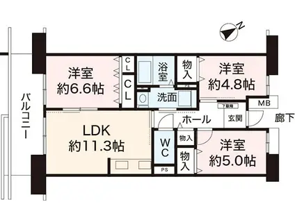 明石清水第2高層2号棟(3LDK/11階)の間取り写真