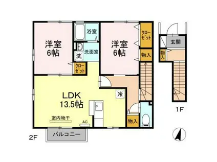 ローズコートHATAKA D棟(2LDK/2階)の間取り写真