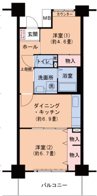 ハートフル湊川1号棟(2DK/11階)の間取り写真