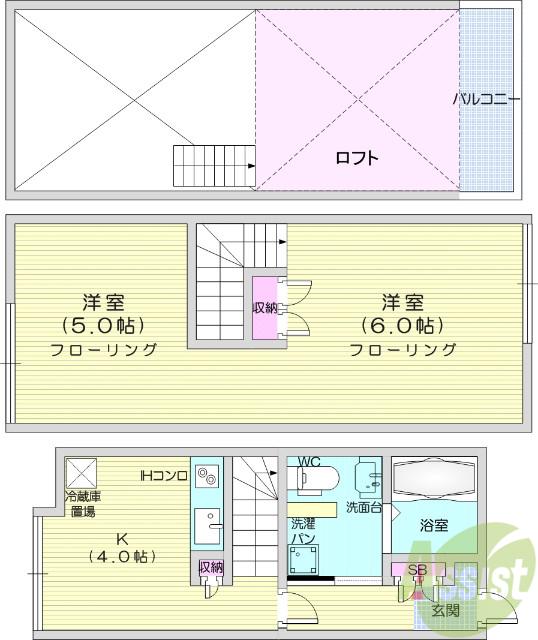 エクセルシャトー国見B棟(2K/1階)の間取り写真