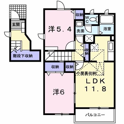 コンフォートS(2LDK/2階)の間取り写真