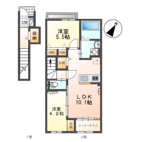 APGヴィラ徳倉B(2LDK/2階)の間取り写真