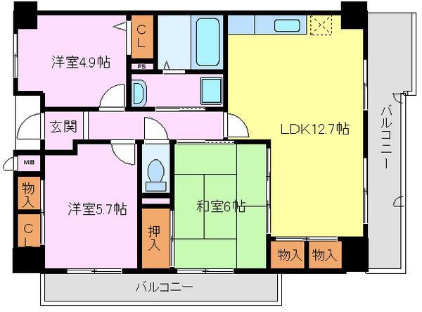 カサグランデス浜寺北(3LDK/9階)の間取り写真