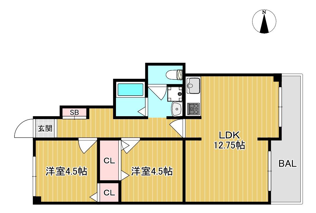 ラール帝塚山(2LDK/1階)の間取り写真