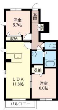 クラージュ(2LDK/1階)の間取り写真